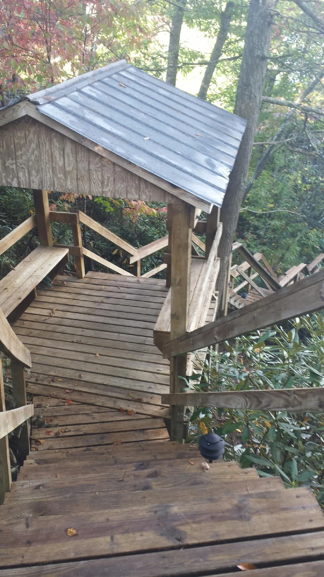Metal roofed shelter over wooden steps on a wooded walkway — Skylight Repair & Installation work by our crew in Albin
